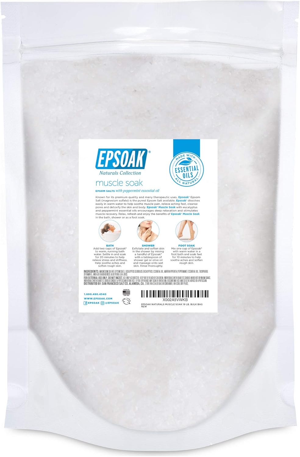 Epsoak Epsom Salt Muscle Soak 19 lbs. Bulk Bag : Beauty & Personal Care