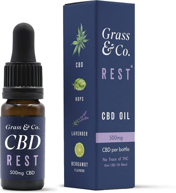 Grass & Co. Rest Fast-Acting Night-Time Cbd Oil Drops 500Mg (5.5%) With A Restful Botanical Blend Of Cbd, Hops, Lavender, Bergamot & Vitamin B5 To Help Reduce Tiredness & Fatigue 10Ml Bottle