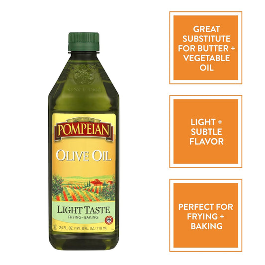 Pompeian Light Taste Olive Oil, Subtle Flavor, Perfect For Frying & Baking, Naturally Gluten Free, Non-Allergenic, Non-Gmo, 24 Fl. Oz