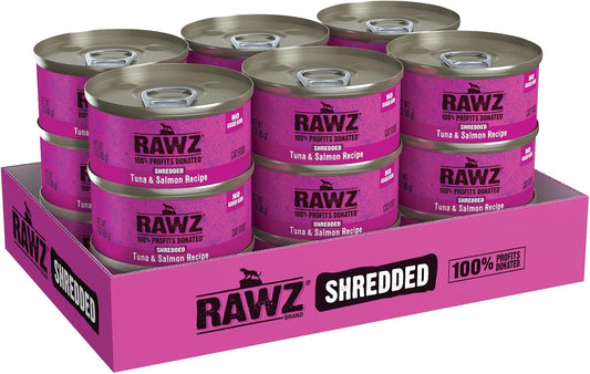 Rawz Natural Premium Shredded Canned Cat Wet Food - Grain Free Made With Real Meat Ingredients No Bpa Or Gums - 3Oz Cans - 18 Count (Tuna & Salmon)