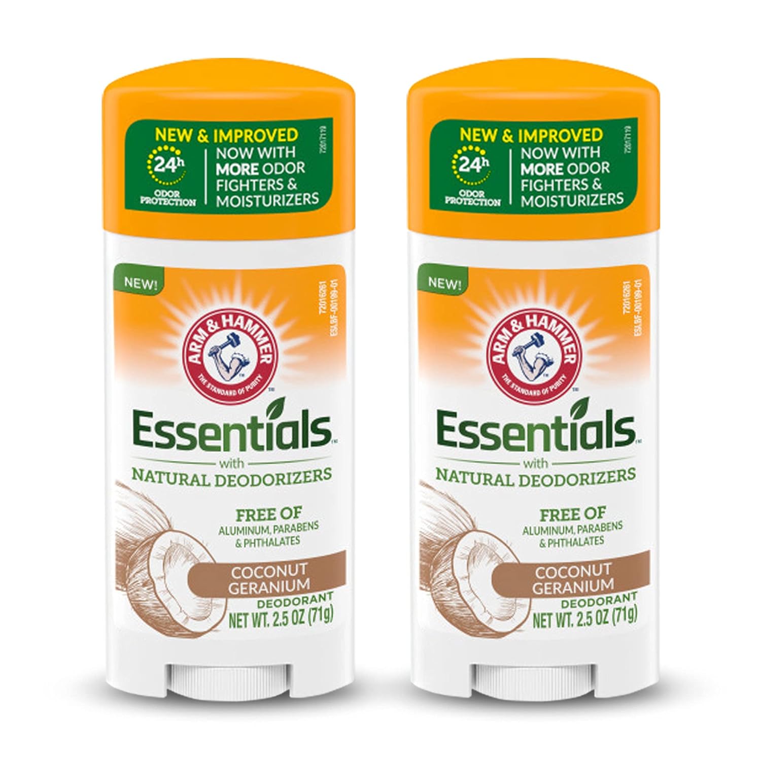 ARM & HAMMER Essentials Deodorant - Made with Natural Deodorizers - Coconut Geranium - Free From Aluminum, Parabens & Phthalates, 2.5 oz (Pack of 2)