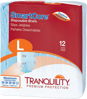 Tranquility Smartcore Adult Disposable Briefs, Incontinence Control With Breathable Kufguard Technology, Fastening Tabs& Wetness Indicator, Latex-Free, Adult Large, 34Oz Capacity, 12Ct Bag