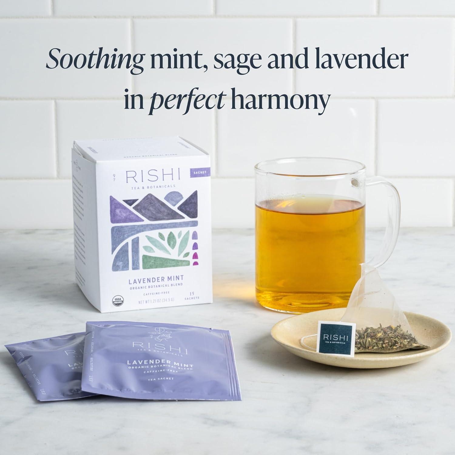 Rishi Tea Lavender Mint - Herbal Tea Bags, Caffeine Free, Lavender Mint Tea, Usda Certified Organic, Certified Kosher, Lavender Tea Bags, Organic Herbal Tea, W/Peppermint & Sage - 15 Sachets