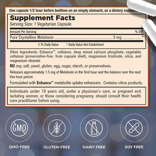Mt. Angel Vitamins - Melatonin, 3Mg Time Released (120 Vegetarian Capsules)