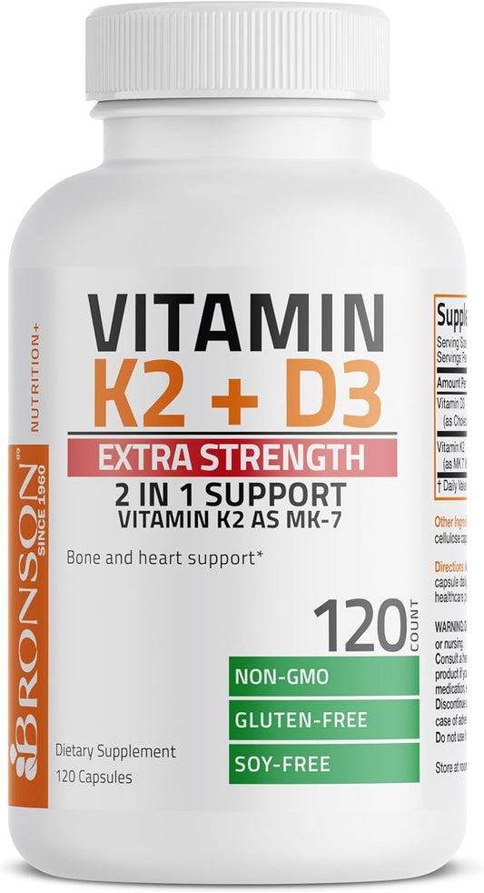 Bronson Vitamin K2 (Mk7) With D3 Extra Strength Supplement Bone And Heart Health Non-Gmo Formula 10,000 Iu Vitamin D3 & 120 Mcg Vitamin K2 Mk-7 Easy To Swallow Vitamin D & K, 120 Capsules