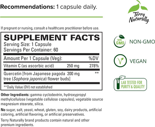 Terry Naturally Quercetin with Vitamin C Extra Strength - 60 Capsules - Sinus, Lung & Respiratory Function - Non-GMO, Vegan - 60 Servings