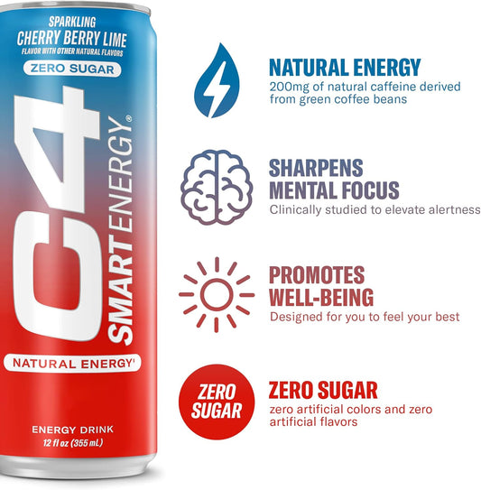 C4 Smart Energy Drink – Boost Focus And Energy With Zero Sugar, Natural Energy, And Nootropics - 200Mg Caffeine - Cherry Berry Lime (12Oz Pack Of 12)