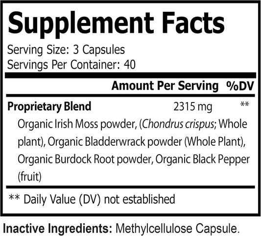 Organic Irish Sea Moss 2315Mg Bladderwrack And Burdock Root With Black Pepper Prebiotic Super Food For - Joint, Digestive Health, Thyroid, Healthy Skin, Gut & Immune Support – 120 Capsules