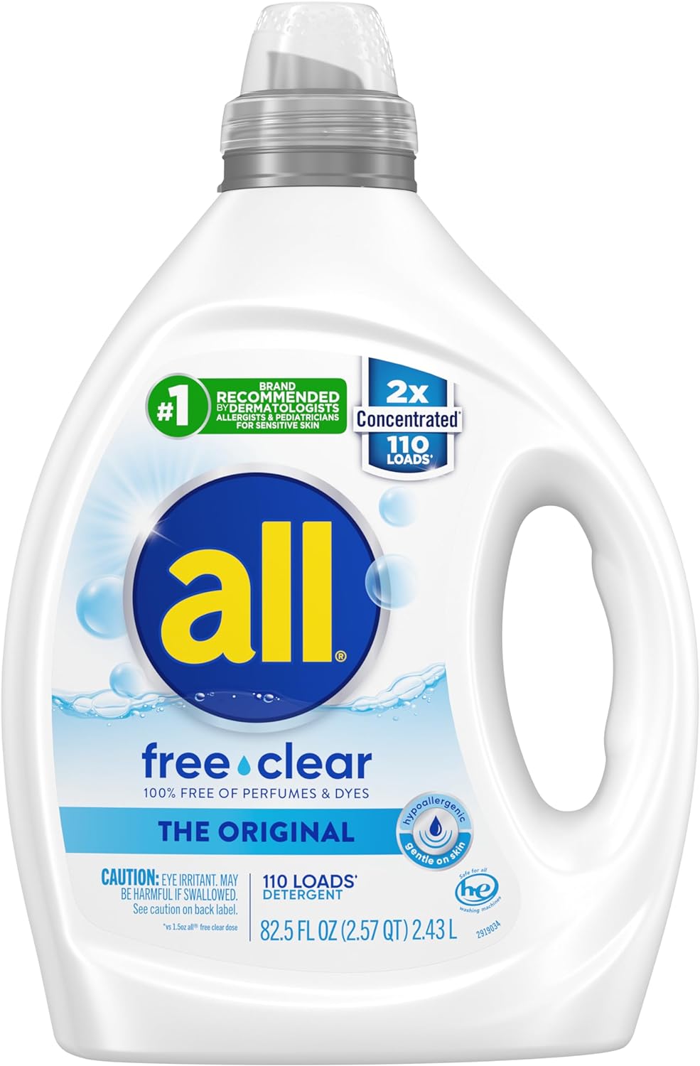 All Liquid Laundry Detergent, Free Clear For Sensitive Skin, Unscented And Hypoallergenic, 2X Concentrated, 110 Loads