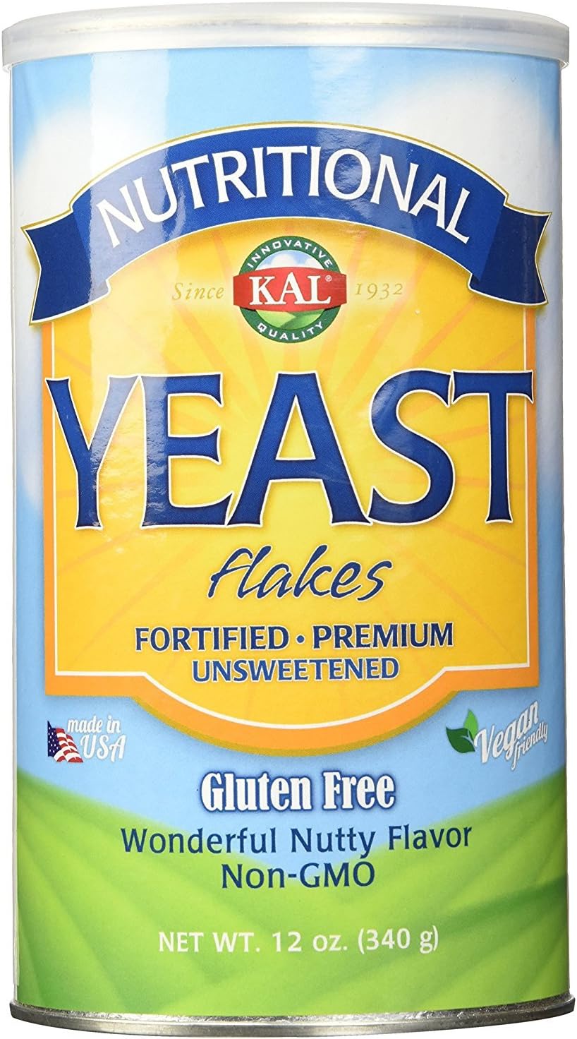 KAL Nutritional Yeast Flakes, Fortified with B12, Folic Acid & Other B Vitamins, Unsweetened, Great Nutty Flavor, Vegan & Gluten Free, 60-Day Money Back Guarantee, Made in the USA, 34 Servings, 12oz