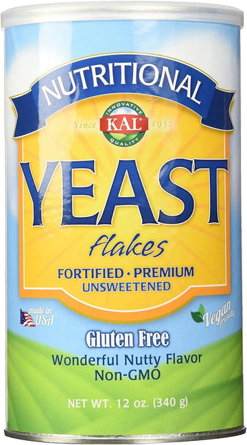 Kal Nutritional Yeast Flakes, Fortified With B12, Folic Acid & Other B Vitamins, Unsweetened, Great Nutty Flavor, Vegan & Gluten Free, 60-Day Money Back Guarantee, Made In The Usa, 34 Servings, 12Oz