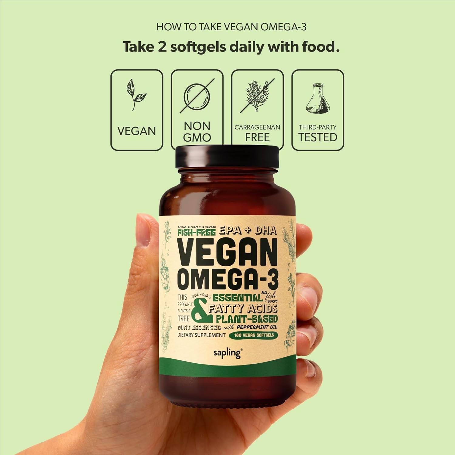 Vegan Omega 3 Supplement - Plant Based Dha & Epa Fatty Acids - Carrageenan Free, Alternative To Fish Oil, Supports Heart, Brain, Joint Health - Sustainably Sourced Algae - 60 Softgels : Health & Household