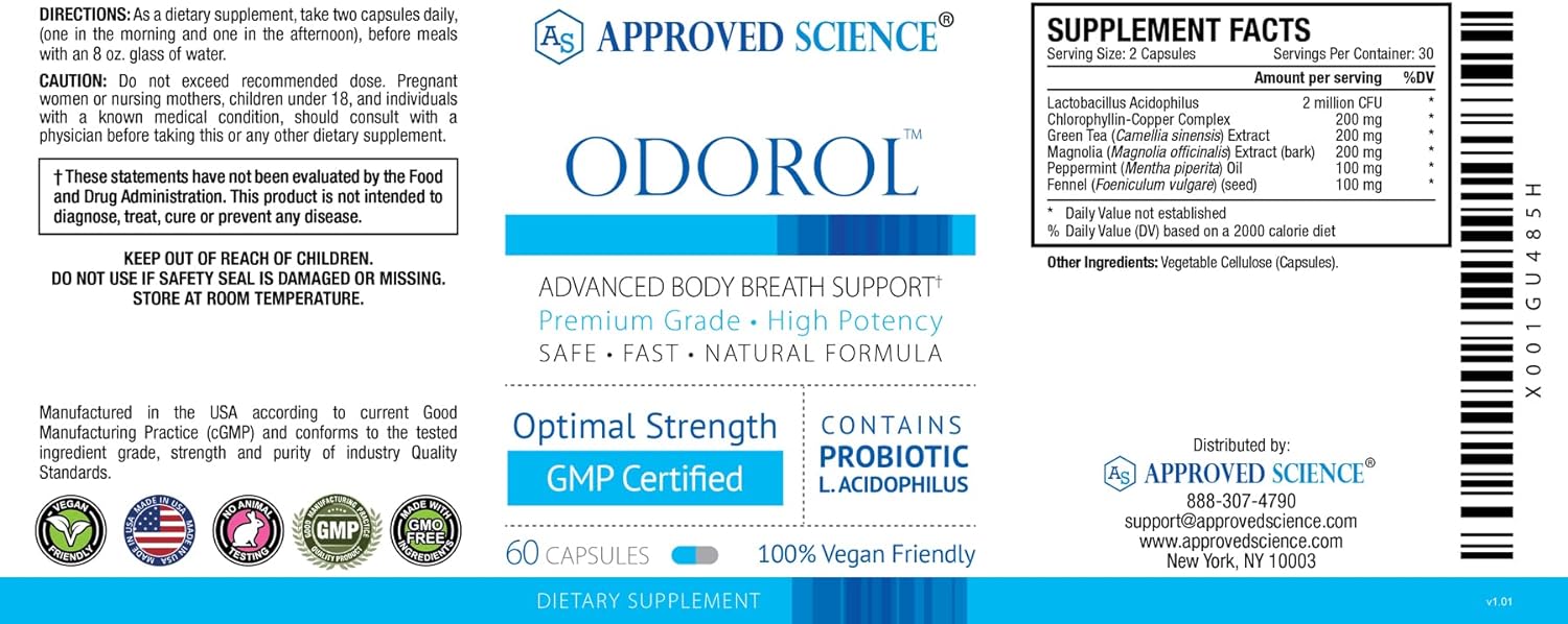 Approved Science Odorol - 60 Capsules - Freshen Bad Breath and Body Odor - Contains L.acidophilus, Green Tea, Magnolia Bark, Peppermint Oil, and Fennel - All Natural, Vegan Friendly, Non-GMO : Beauty & Personal Care