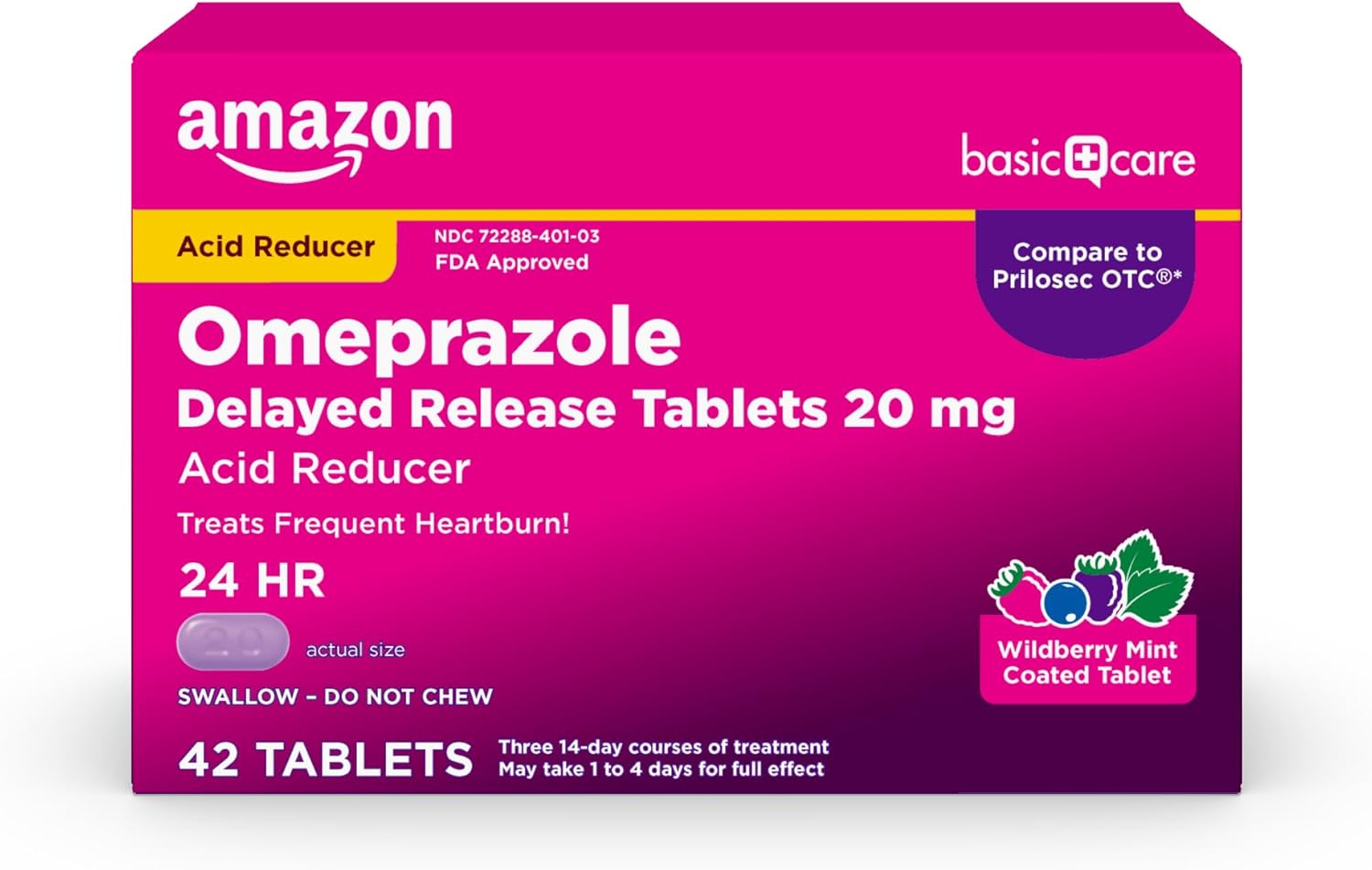 Amazon Basic Care Omeprazole Delayed Release Tablets 20 Mg, Acid Reducer, Wildberry Mint Coated Tablet, Heartburn Medicine, 42 Count