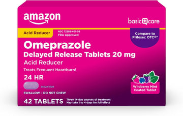 Amazon Basic Care Omeprazole Delayed Release Tablets 20 Mg, Acid Reducer, Wildberry Mint Coated Tablet, Heartburn Medicine, 42 Count