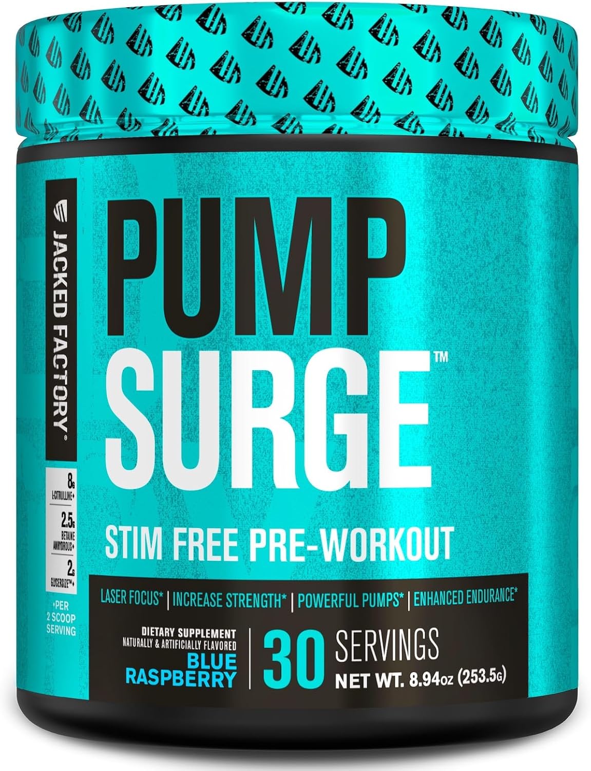 Jacked Factory Pumpsurge Caffeine Free Pre Workout For Men & Women - Nootropic Booster & Stim Free Pre Workout - Intense Pumps, Enhanced Focus - 30 Servings, Blue Raspberry