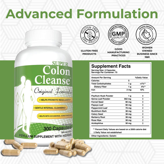 Health Plus Super Colon Cleanse Original Formula (1991-2018), 300 Capsules, 6 Cleanses - Digestive Support, Constipation Relief With Psyllium Husk And Senna Leaf