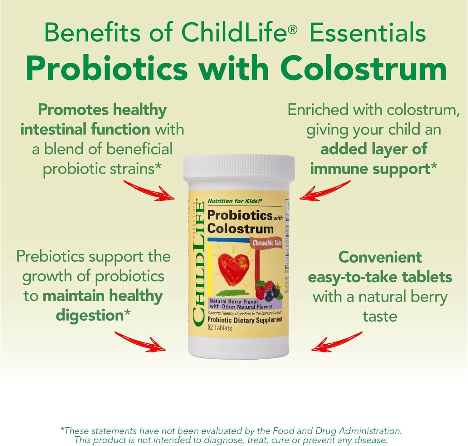 Childlife Essentials Childbiotics With Colostrum- Probiotics For Kids, Probiotics For Digestive Health, Chewables, Children'S Probiotic, Colostrum For Kids, Gluten Free - Natural Berry, 92 Tablets : Health & Household