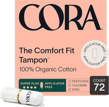 Cora 100% Organic Cotton Non-Applicator Tampons | Ultra-Absorbent, Unscented, Natural, Non-Toxic, Applicator Free | Eco-Conscious S/S+ (72 S+ Tampons)