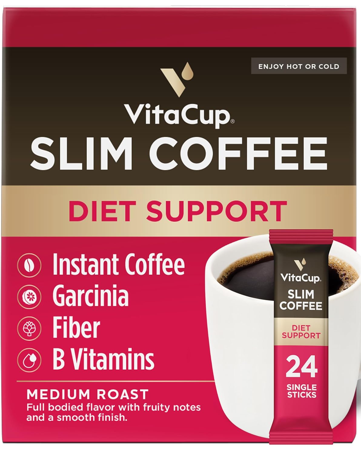 Vitacup Slim Instant Coffee Packets, With Garcinia, Fiber, B Vitamins, Bold & Smooth, Medium Dark Roast, 100% Arabica Coffee In Single Serve Sticks, 24 Ct