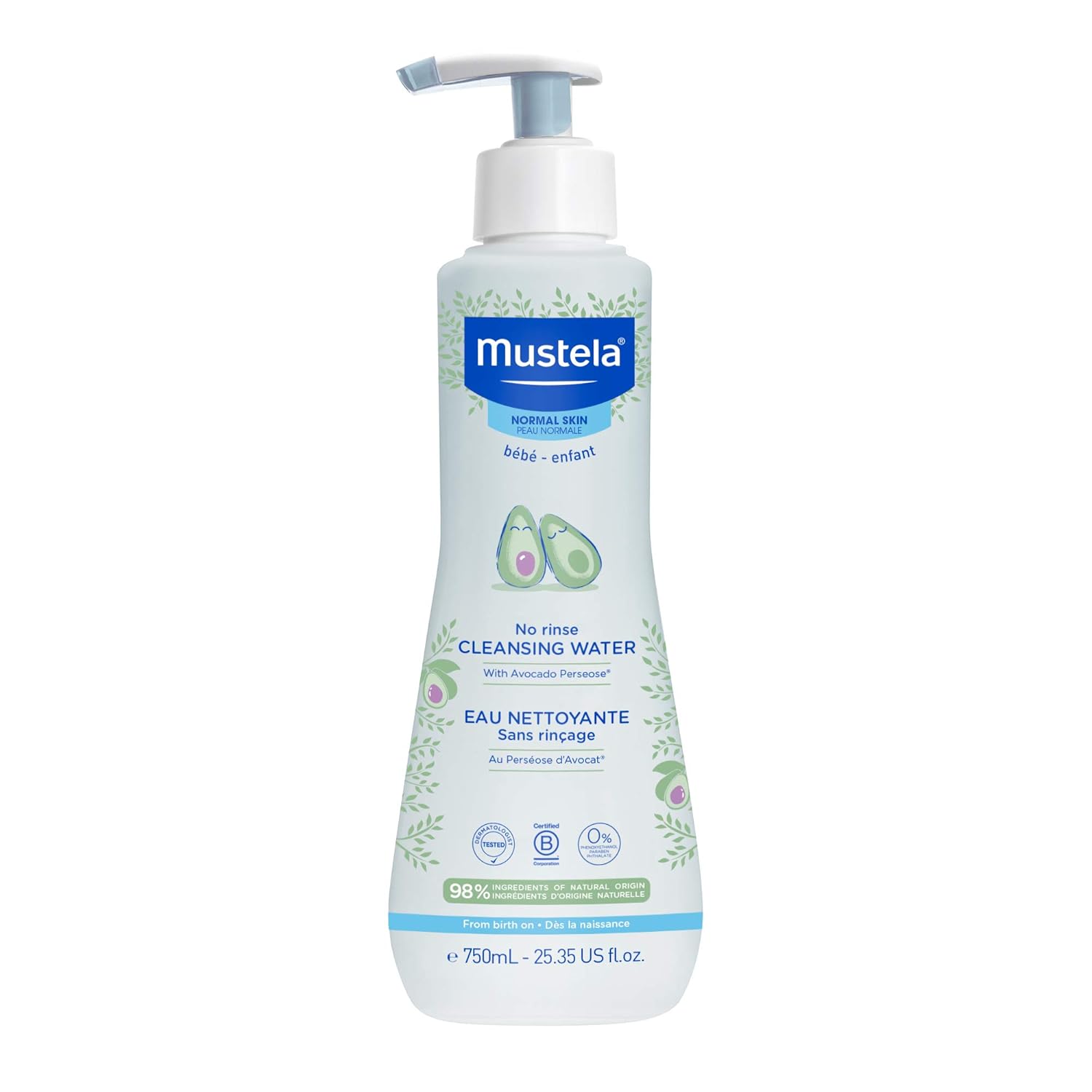 Mustela Baby Cleansing Water - No-Rinse Micellar Water - With Natural Avocado & Aloe Vera - For Baby'S Face, Body & Diaper - 1 Or 2-Pack - Various Sizes