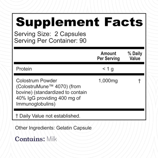 180ct Colostrum Capsules 40% IgG - USA Sourced Bovine Colostrum Powder Supplement for Immune Support, Gut Health, Muscle Recovery, and Overall Wellness - Single Ingredient, No Additives - 90 servings