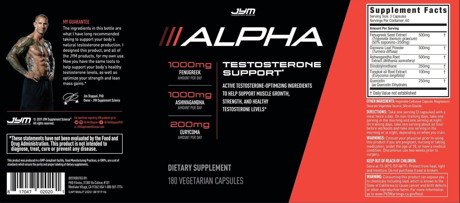 Alpha Jym Testosterone Support | Male Vitality, Hormone Optimization, Ashwagandha, Fenugreek, Eurycoma, Damiana, Quercetin, Dim | Jym Supplemental Science | 180 Vegetarian Capsules : Health & Household