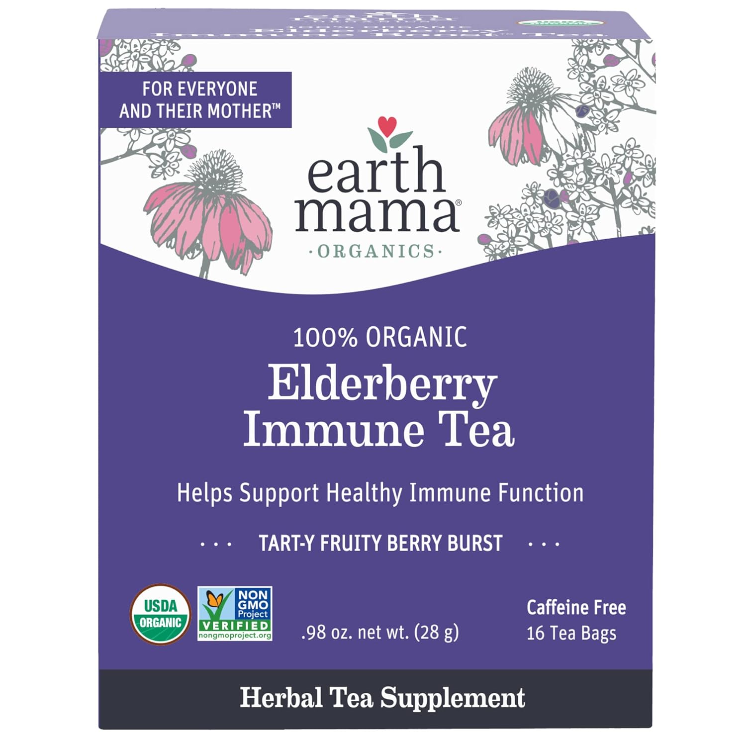 Earth Mama Organic Elderberry Immune Support Tea With Echinacea | Safe For Pregnancy, Breastfeeding, Postpartum, Kids And Family Essentials, Decaf Tea With Ginger & Rooibos, 16-Count
