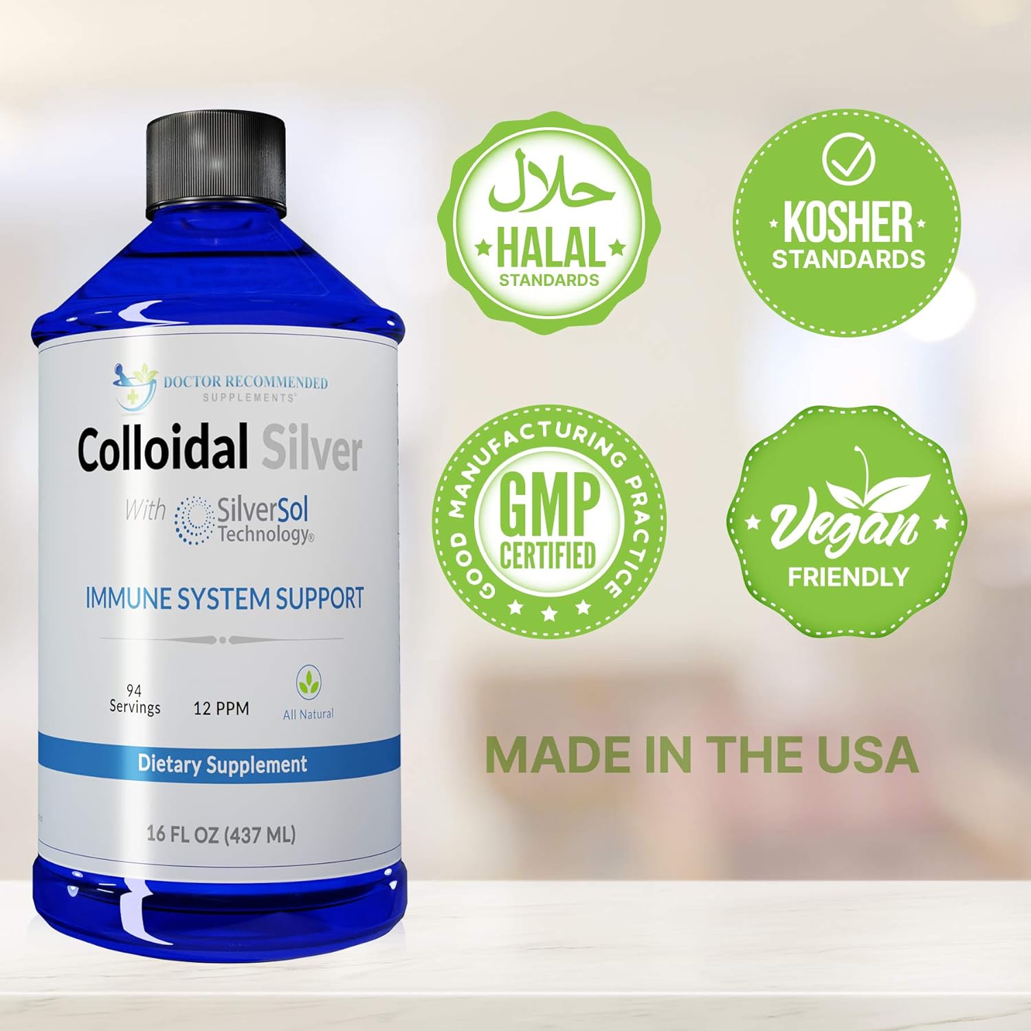 Colloidal Silver Liquid - 12 PPM Premium Silver Solution, 60 MCG Per Serving, All Natural, Vegan Immune System Support, Ionic Silver Water Daily Mineral Supplement 16 Fl oz, 96 Servings : Health & Household