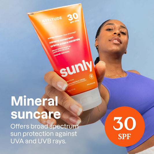 ATTITUDE Mineral Sunscreen with Zinc Oxide, SPF 30, EWG Verified, Broad Spectrum UVA/UVB Protection, Dermatologically Tested, Vegan, Orange Blossom, 5.2 Ounces