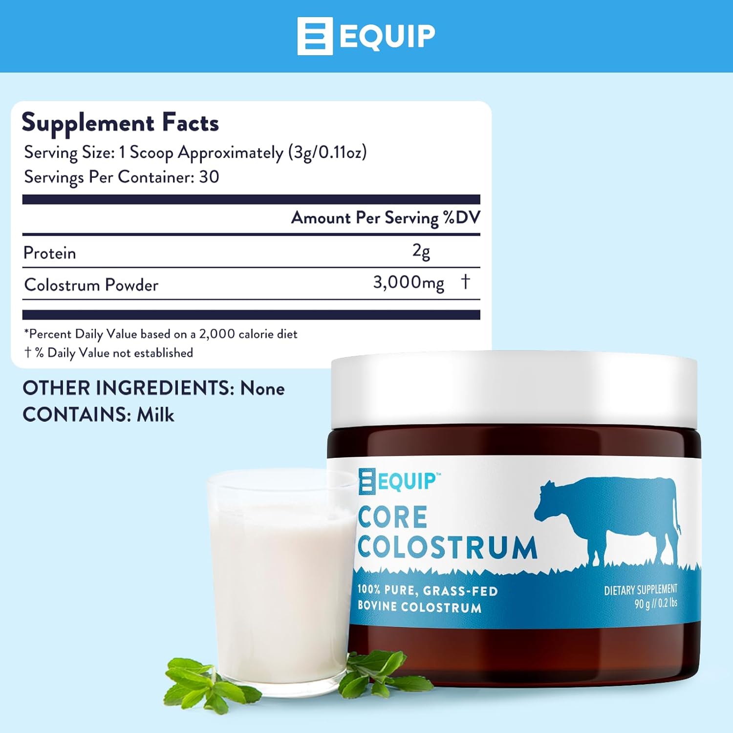 Equip Foods Core Colostrum - Grass Fed Colostrum Powder 3,000mg - Gut Health, Immunity, Recovery - Lactoferrin Supplements - Keto Friendly Colostrum Supplement - 30 Servings, Unflavored : Health & Household