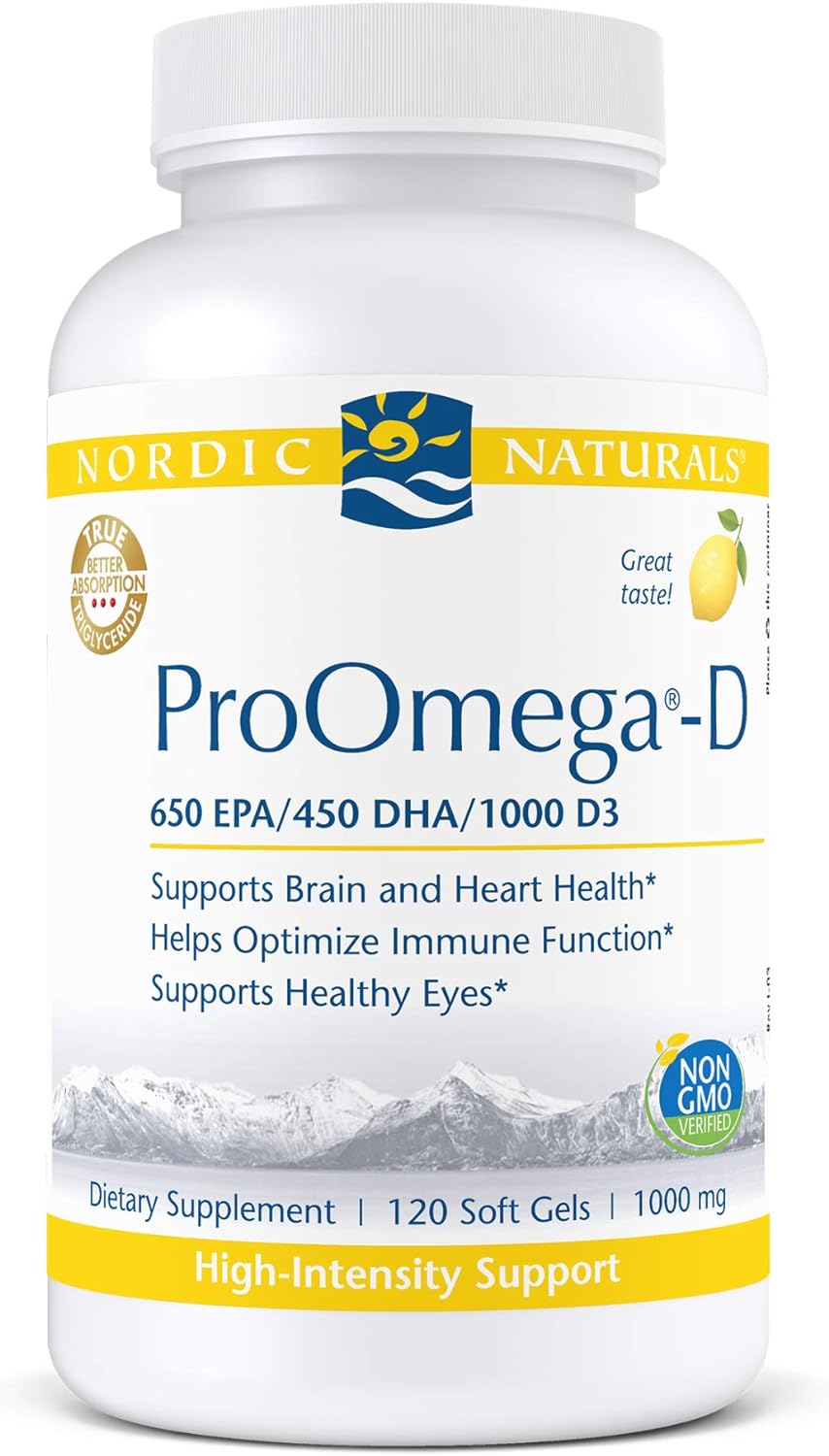 Nordic Naturals ProOmega-D, Lemon Flavor - 120 Soft Gels - 1280 mg Omega-3 + 1000 IU D3 - High-Potency Fish Oil - EPA & DHA - Brain, Eye, Heart, Joint, & Immune Health - Non-GMO - 60 Servings