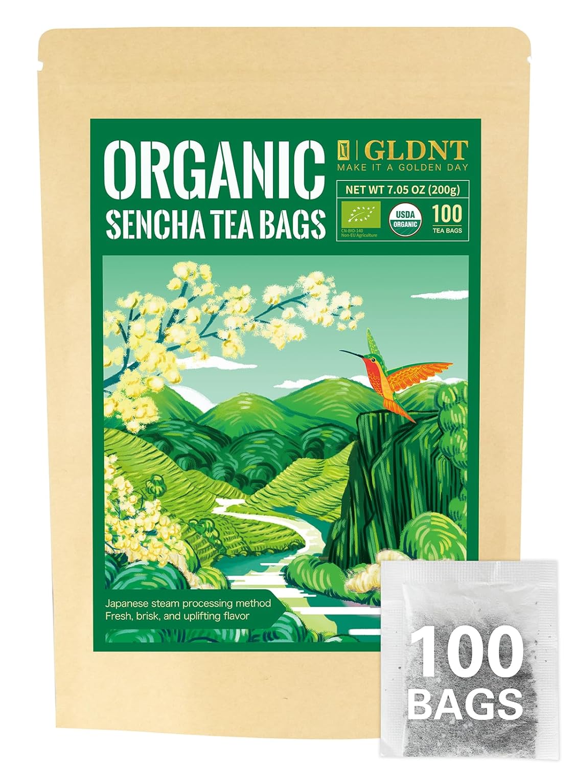Gldnt Organic Sencha Tea Bags, Natural Organic Sencha Green Tea, Fresh & Smooth Flavor, Iced & Hot Tea, 100 Count