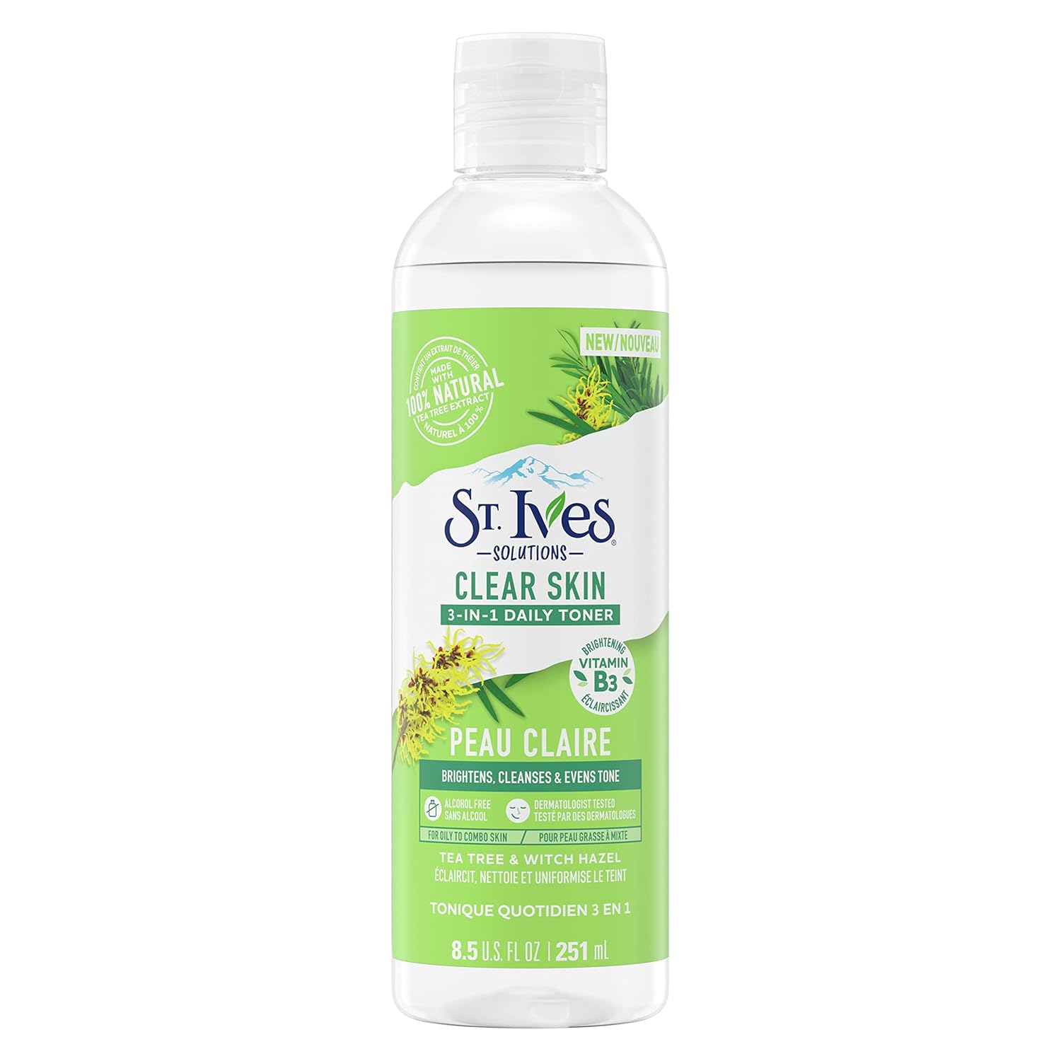St.Ives Solutions 3-In-1 Face Toner For Combination To Oily And Acne Prone Skin Clear Skin Made With 100 Percent Natural Tea Tree Extract, Vitamin B3, Micellar Water Technology, And Witch Hazel 8.5 Oz