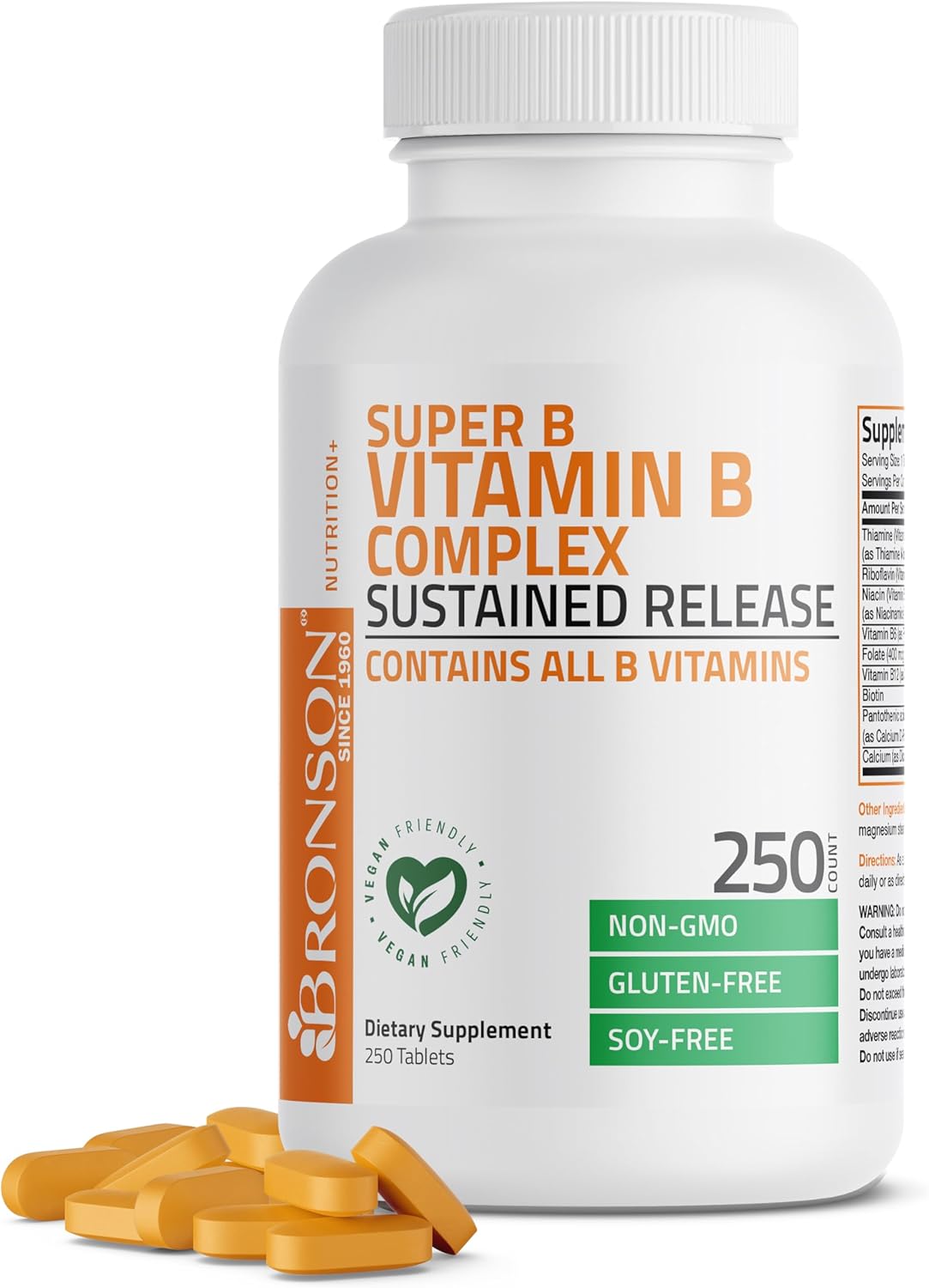 Bronson Super B Vitamin B Complex Sustained Slow Release (Vitamin B1, B2, B3, B6, B9 - Folic Acid, B12) Contains All B Vitamins 250 Tablets