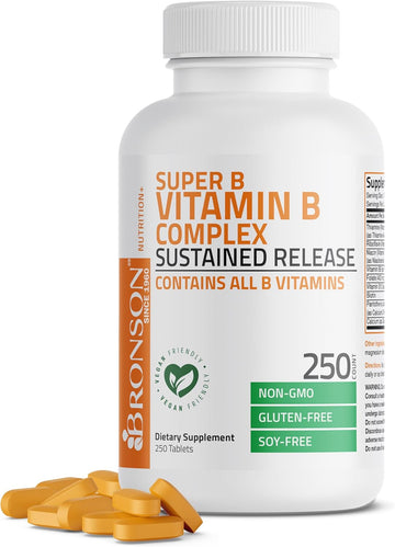 Bronson Super B Vitamin B Complex Sustained Slow Release (Vitamin B1, B2, B3, B6, B9 - Folic Acid, B12) Contains All B Vitamins 250 Tablets