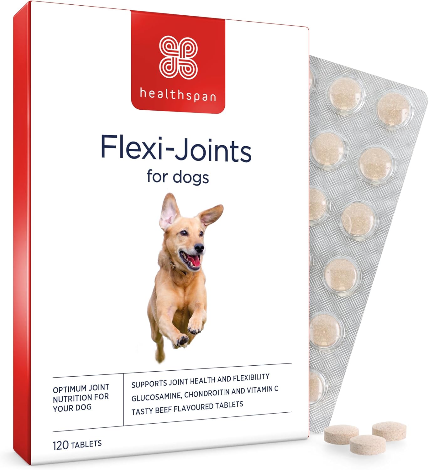 Healthspan Flexi-Joints For Dogs | High Strength Glucosamine & Chondroitin | With Vitamins C & E | Formulated to Support Joint Mobility | Beef Flavoured (120 Tablets)