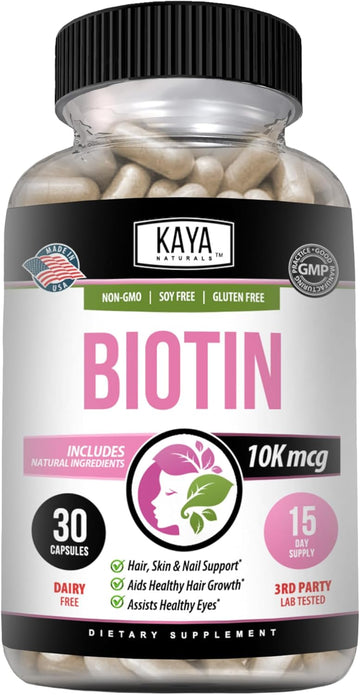 Kaya Naturals Biotin 10,000Mcg Hair Growth Vitamins - Strong Nails, Healthy Skin Supplement For Women And Men - Healthier Hair & Skin - 30 Count