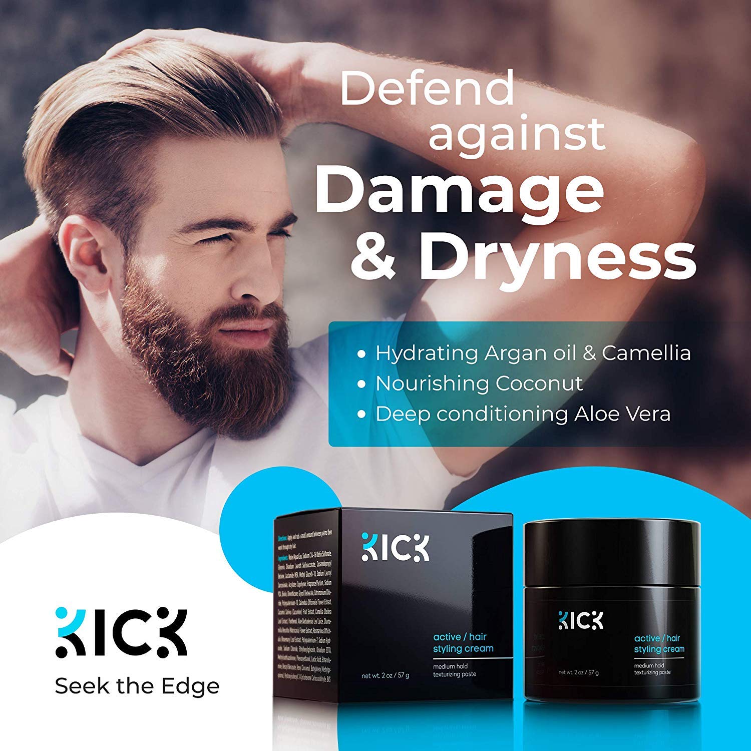 Kick Hair Cream for Men Medium Hold Forming Cream - Award Winning Mens Hair Products - Non Greasy Hair Styling Cream with Argan and Coconut Oil to Restore Dry, Damaged Hair - 2 Oz : Beauty & Personal Care