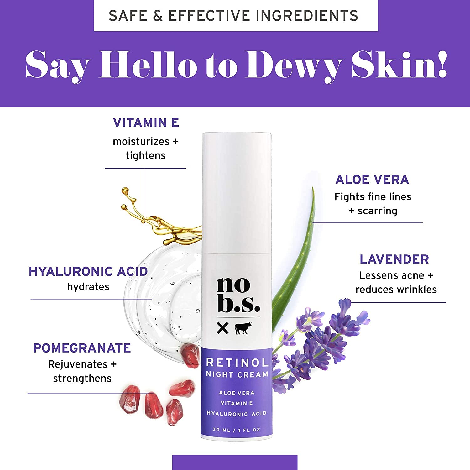 No B.S. (No Bad Stuff) Retinol Cream For Face With Hyaluronic Acid & Vitamin E, Retinol, Wrinkle Cream & Spot Corrector, Vegan, Cruelty Free & Gluten Free Night Cream, Travel Size, 1 Fl Oz