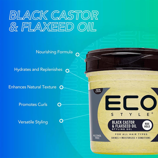 Eco Style Black Castor And Flax Seed Oil Eco Styler Hair Gel, Hydrate And Style, Alcohol-Free, Green 473 Ml (Pack Of 1)