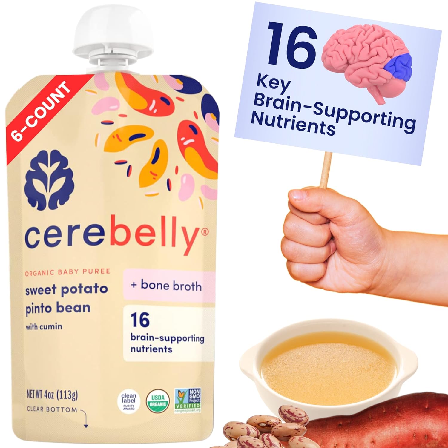 Cerebelly Organic Sweet Potato Pinto Bean & Chicken Bone Broth Puree | 6+ Months Baby Food Pouches | Non-GMO, Tested for Heavy Metals | Protein, Healthy Fats, 16 Nutrients | 4 Oz Pouch (6 Pack)