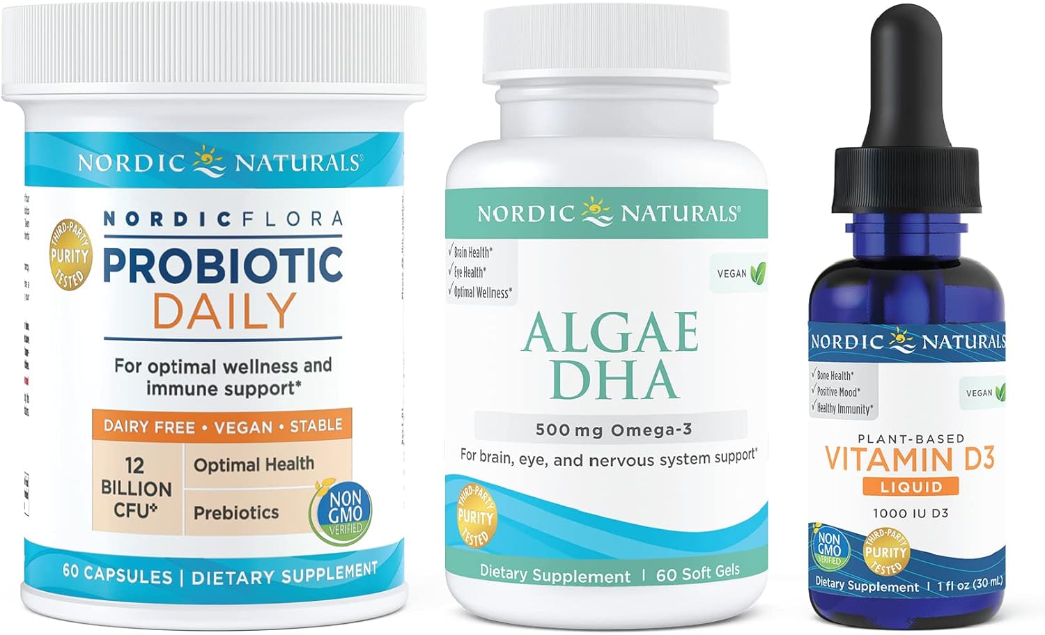 Nordic Naturals Vegan Omega Fish Oil Starter Pack - Algae DHA, Plant-Based Vitamin D3, Nordic Flora Probiotic Daily