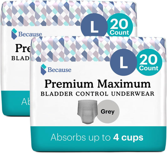 Because Premium Maximum Incontinence Underwear For Men - Heavy Bladder Leak Protection, Ideal For Overnight Leakage, Sleek, Invisible Fit, Grey, Large - Absorbs 4 Cups - 40 Count (2 Packs Of 20)