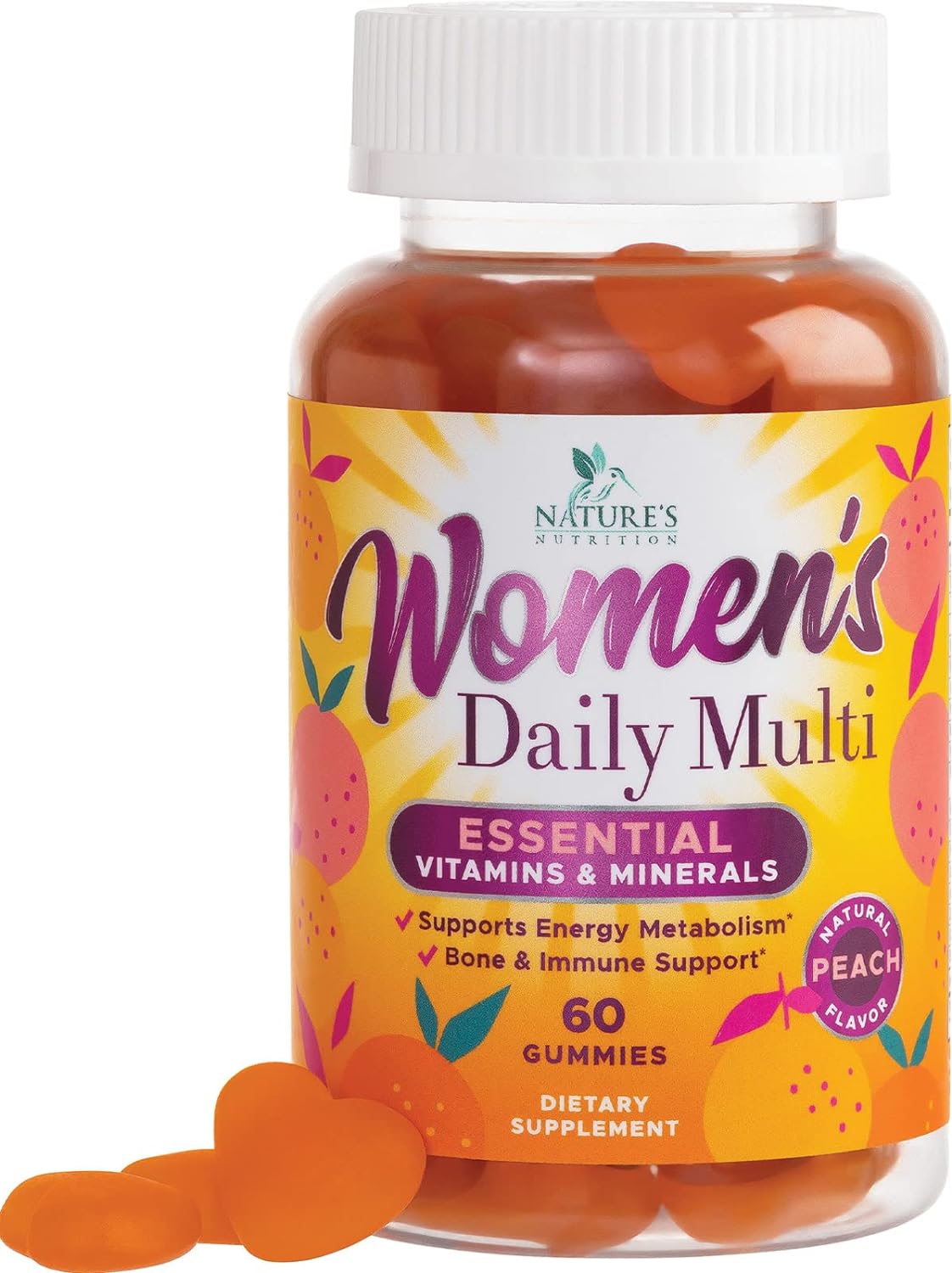 Womens Complete Daily Multivitamin Gummy with Vitamin A, C, D, E, B6, B-12, Biotin & Calcium, Immune Health Support, Womens Multivitamin Gummies, Peach Flavored Daily Vitamins for Women - 60 Gummies