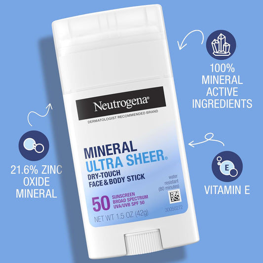 Neutrogena Ultra Sheer Dry Touch Spf 50 Mineral Sunscreen Stick For Sensitive Skin, Face & Body Sunscreen With Zinc Oxide & Vitamin E, No White Residue, Non-Comedogenic & Vegan, 1.5 Oz