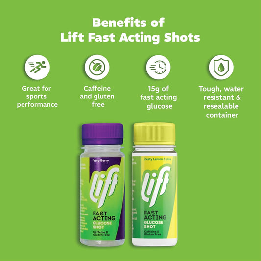 Lift Fast-Acting Glucose Energy Juice Shots, Very Berry & Lemon & Lime, 12 Pack Of 60 Ml Bottles, 2 Pack
