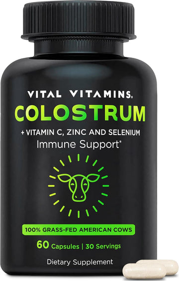 Vital Vitamins Colostrum Supplement Complex - With Vitamin C, Zinc, & Selenium - From First Milking - Standardized To Contain 10% Igg Immunoglobulins - Grass-Fed American Cows - 60 Capsules