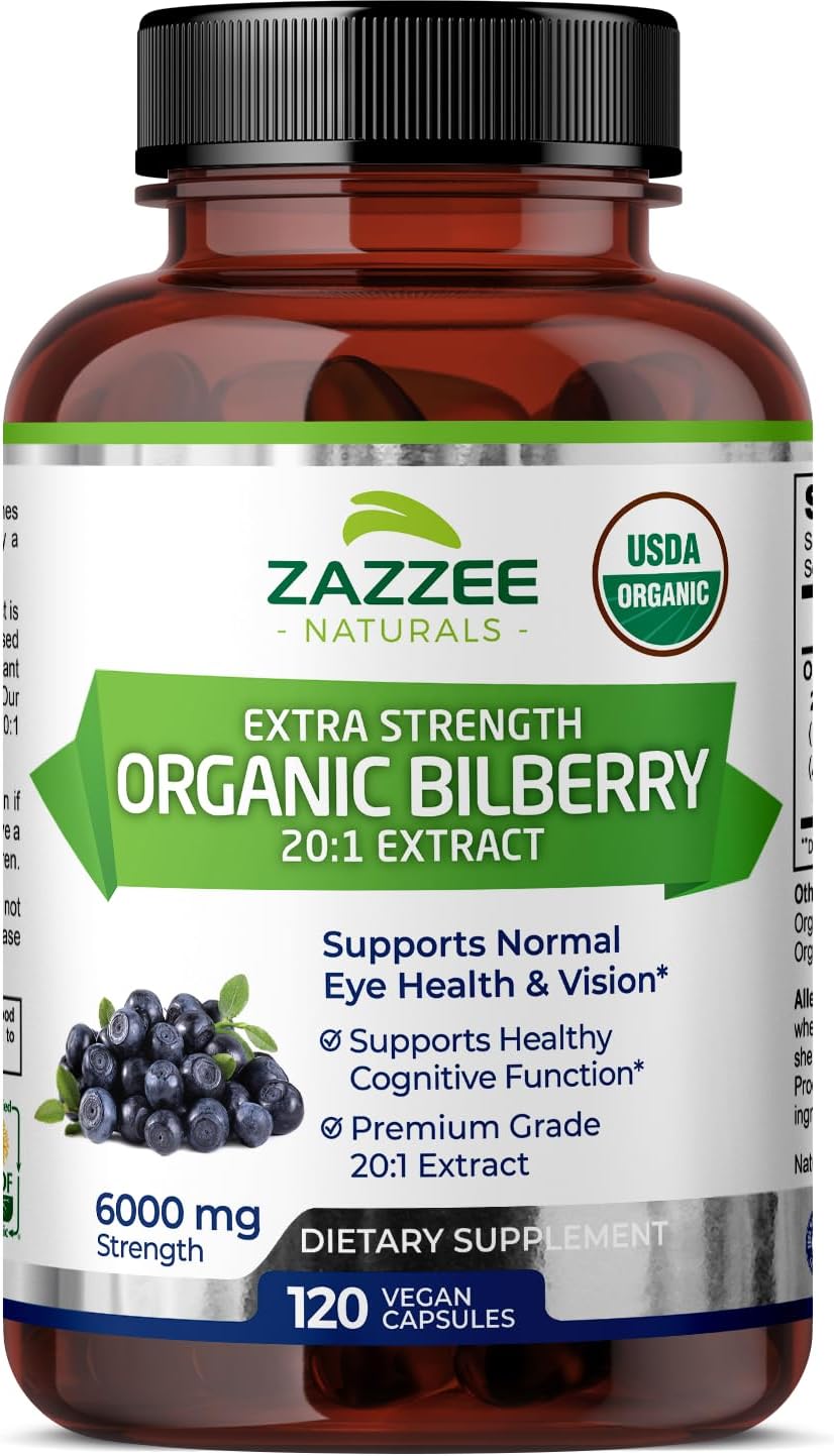 Zazzee Usda Organic Bilberry 20:1 Extract, 6000 Mg Strength, 120 Vegan Capsules, 4 Month Supply, Standardized And Concentrated 20X Extract, 100% Vegetarian, All-Natural, Non-Gmo, Made In The Usa