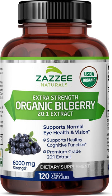 Zazzee Usda Organic Bilberry 20:1 Extract, 6000 Mg Strength, 120 Vegan Capsules, 4 Month Supply, Standardized And Concentrated 20X Extract, 100% Vegetarian, All-Natural, Non-Gmo, Made In The Usa